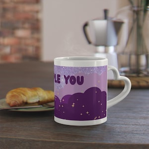 BTS Heart-Shaped Mug, I Purple You Quote, Glitter Sky Design, Purple Clouds Coffee Mug