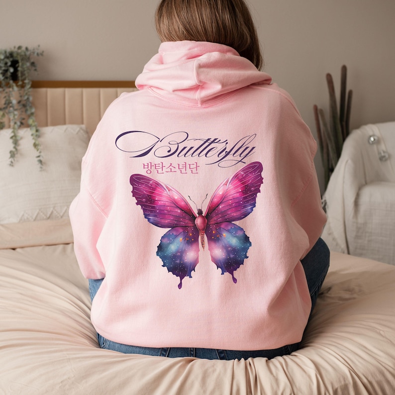 BTS Butterfly Hoodie, Bangtan Merch, Colorful Butterfly Design, Cozy Sweatshirt Light Pink