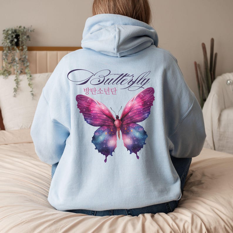 BTS Butterfly Hoodie, Bangtan Merch, Colorful Butterfly Design, Cozy Sweatshirt Light Blue