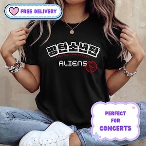 BTS Aliens T-Shirt, Korean Text Neon, Alien Logo Tee | Aliens Phrase T-shirt, BTS Merch