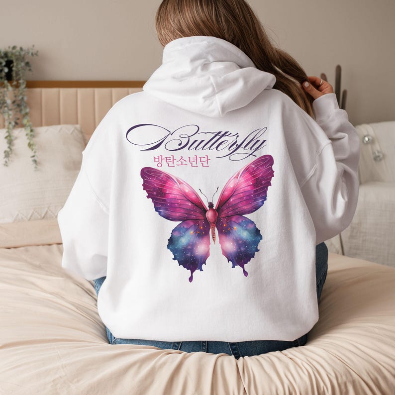 BTS Butterfly Hoodie, Bangtan Merch, Colorful Butterfly Design, Cozy Sweatshirt White