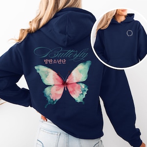 BTS Butterfly Hoodie, Bangtan Merch, Colorful Butterfly Design, Cozy Sweatshirt Navy