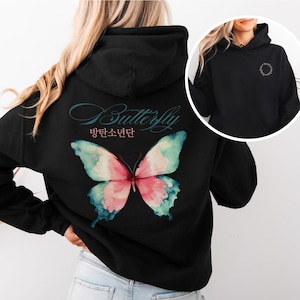 BTS Butterfly Hoodie, Bangtan Merch, Colorful Butterfly Design, Cozy Sweatshirt Black