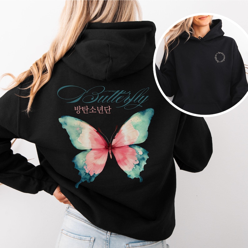 BTS Butterfly Hoodie, Bangtan Merch, Colorful Butterfly Design, Cozy Sweatshirt Black