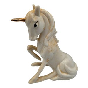 Vintage 1990s Enesco Porcelain Unicorn Figurine Flirty Sitting Gold Horn