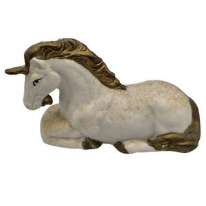 Vintage 1960s Taiwan Laying Down Unicorn Figurine Porcelain White Gold