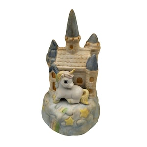Vintage 1990s Porcelain Unicorn Music Box With Castle Background