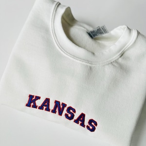 Kansas Embroidered White Crewneck Sweatshirt, KU Womens Mens Embroidered Sweatshirt, University of Kansas Jayhawks Sweatshirt, Rock Chalk