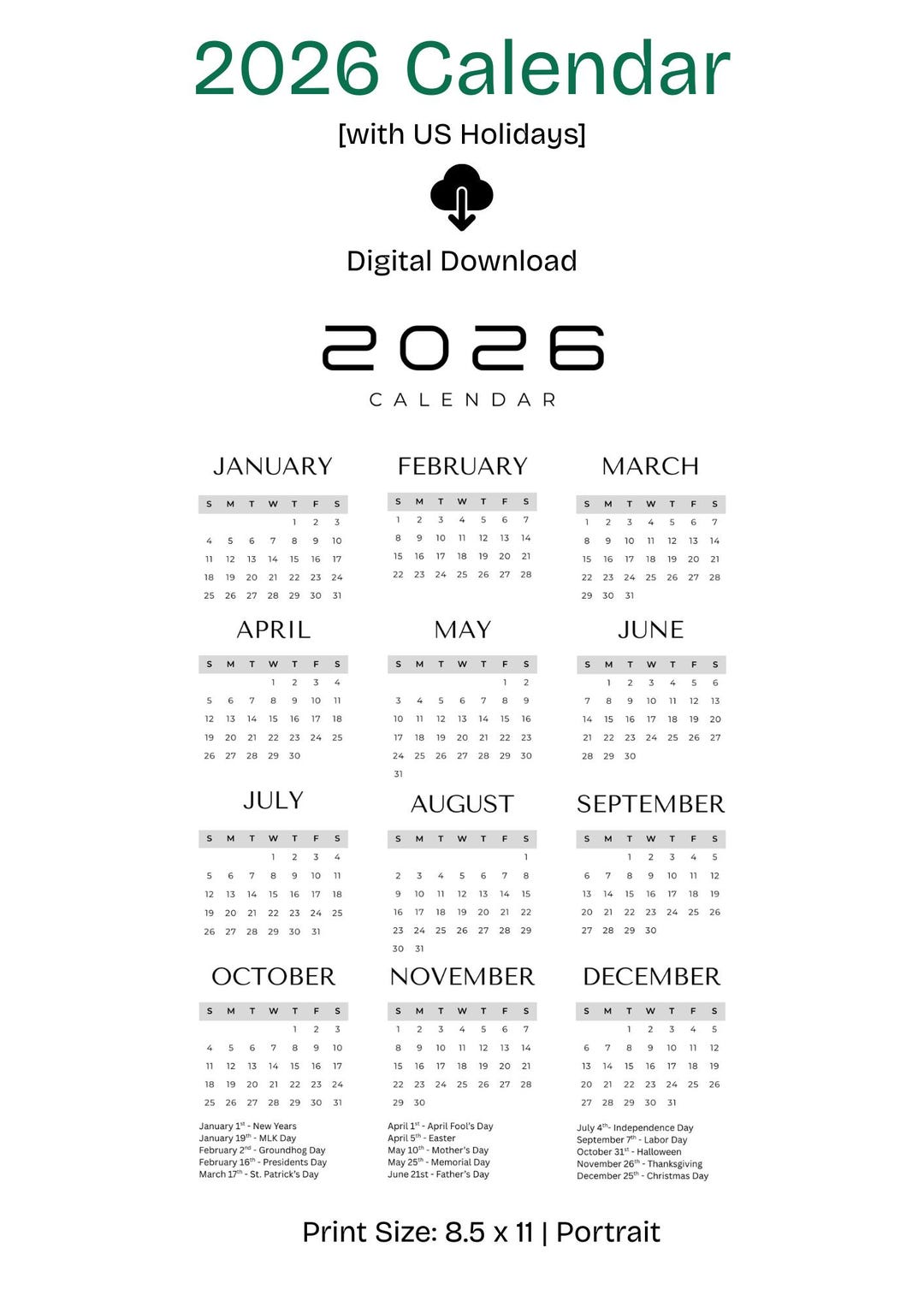 Calendario imprimible 2026 en PDF, calendario minimalista de pared para ...