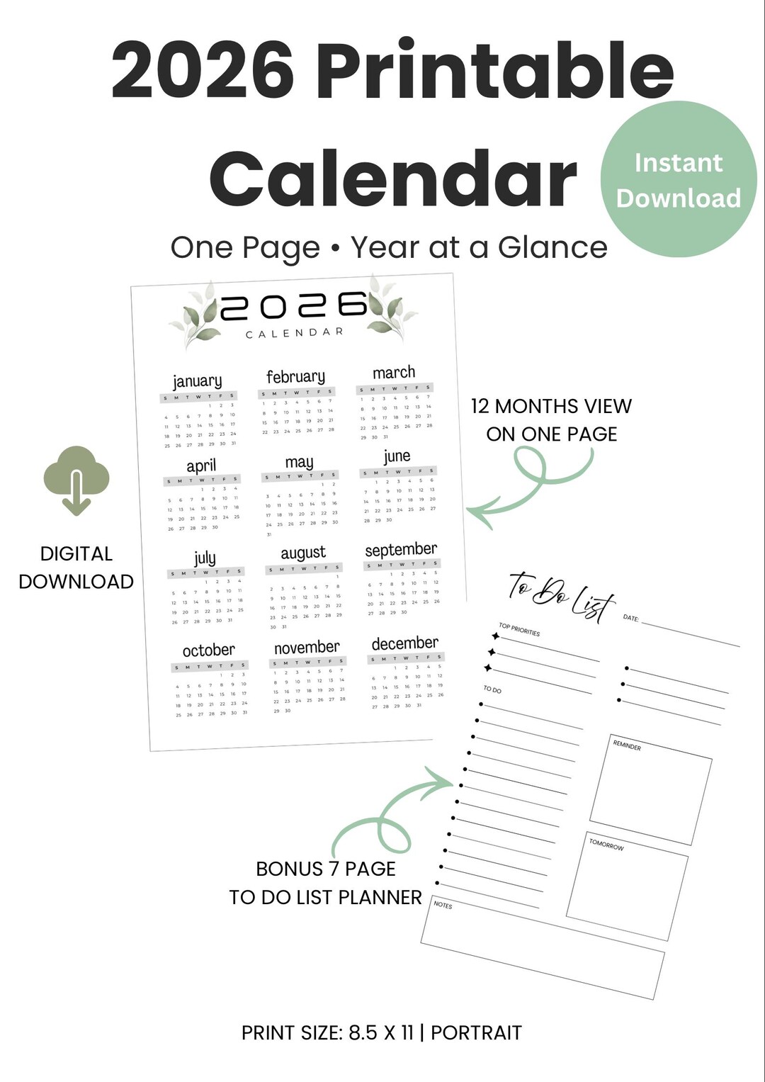2026 Year at A Glance Calendar, Minimalist Printable Planner (PDF ...