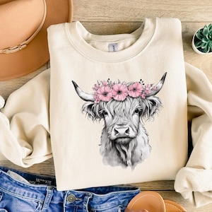 Floral Highland Cow Sweatshirt: Western Farm Girl Style
