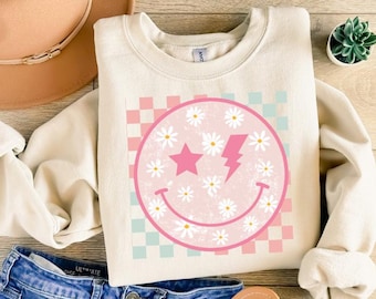 チェック柄スマイリーフェイスシャツ、スマイリーフェイスTシャツ、スマイリーフェイスTシャツ、彼女へのギフト、面白いシャツ、チェック柄シャツ、チェック柄Tシャツ、トレンディなチェック柄