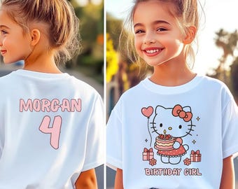 Girls Hello Cat Birthday Shirt, Cute Birthday Girl Matching Family Shirts, Custom Kitty Birthday Theme Party Shirt, Personalized Bday Shirts