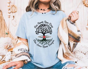 Camiseta de Reunión Familiar: Diseño de Árbol con Raíces Profundas, Camiseta Heritage Personalizada