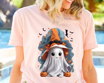 Camiseta de fantasma de Halloween, camiseta de fantasma linda, camiseta de Halloween, camiseta festiva, disfraz de Halloween, camiseta de otoño, temporada espeluznante, camiseta de calabaza especiada