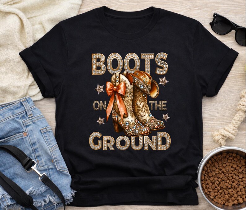 May include: Black t-shirt featuring a graphic of embellished cowboy boots with the text "BOOTS ON THE GROUND" in a rhinestone-like font. The boots are brown and gold with a decorative bow.