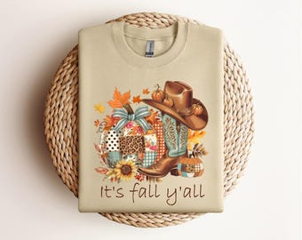 Western Fall Pumpkin Patchwork T-Shirt: Cowboy Boots & Hat