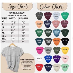 以下が含まれることがあります： ユニセックスのジャージー半袖Tシャツのサイズ表とカラーチャートです。サイズ表は、XSから4XLまでのサイズで、Tシャツの幅と長さをインチで示しています。カラーチャートは、アスファルト、マルーン、ライトブルー、ケリー、ヘザーピーチ、ヘザーネイビー、ヘザーモーブ、ヘザーマルーン、ヘザーグリーン、ヘザーフォレスト、ヘザーディープティール、フォレスト、ディープティール、ヘザードダークグレー、オレンジ、ブラック、ベリー、アスレチックヘザー、ミリタリーグリーン、イエロー、ホワイト、トゥルーロイヤル、パープル、ピンク、レッド、ネイビー、ナチュラル、ミントなど、24種類のTシャツの色を示しています。