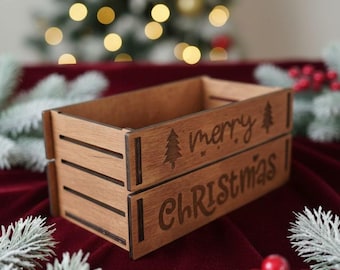 Laser Cut Merry Christmas Wooden Box: 3mm Crate SVG DXF File