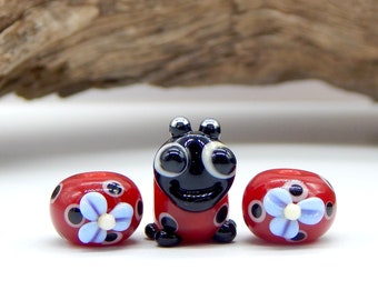 Lady Bug Set Lampwork Bead-Lampwork Focal-Cute Lady Bug Lampwork-Lampwork Sets-Stringing-Women Gift Idea-Friendship-Artisan Lampwork SRA