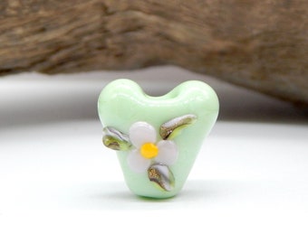 Green Heart Lampwork Bead-Lampwork Focal-Heart with Flower-Heart Bead for Stinging-Women Gift Idea-Friendship-Artisan Lampwork SRA