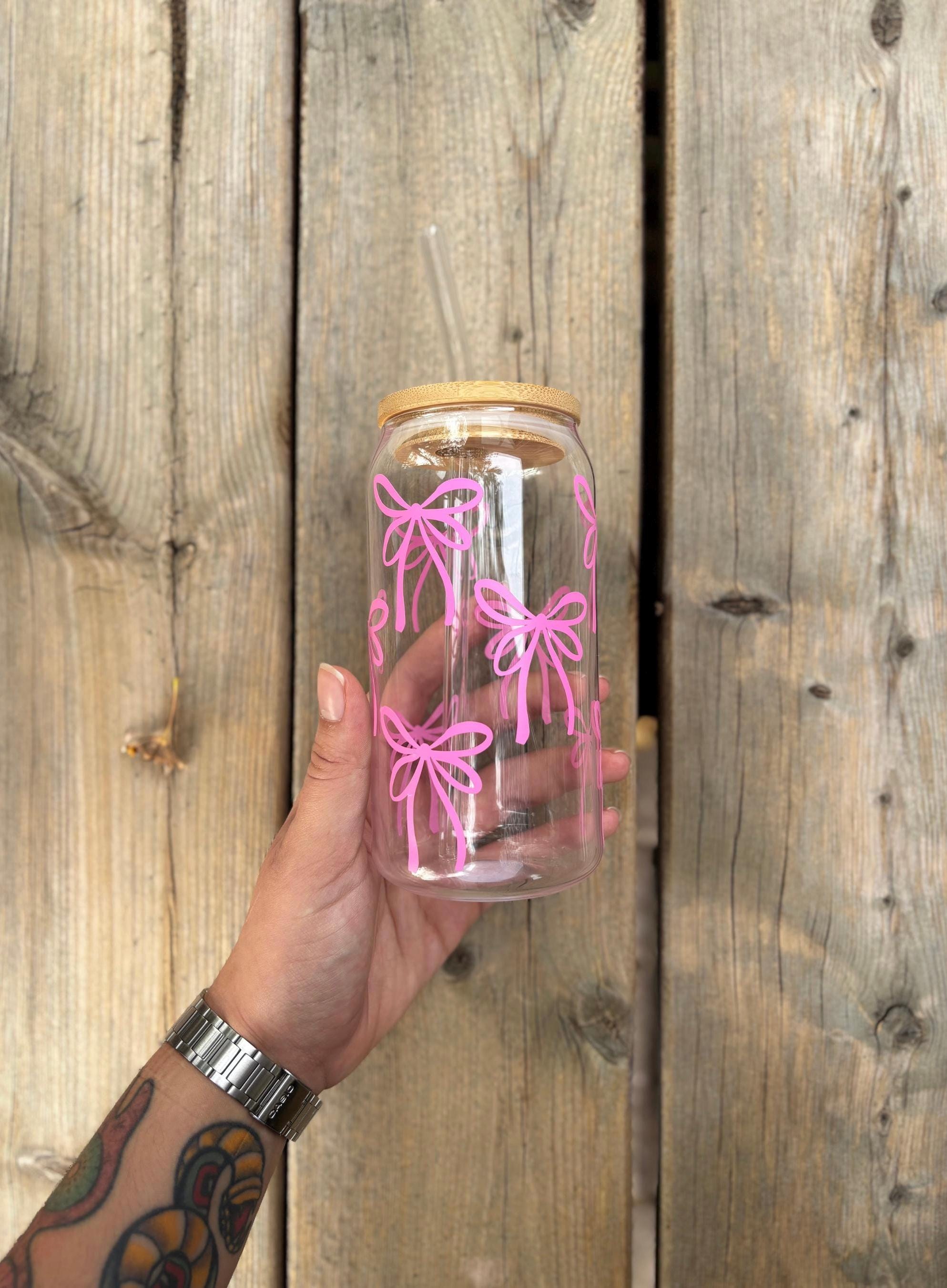 Valentines Coquette Pink Bows Glass Tumbler 16oz Cup 20oz Cup Girly ...