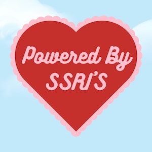 May include: A red heart with a pink outline and the text "Powered By SSRI's" in white.