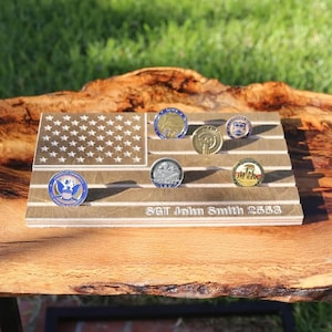 Engraved Old Glory Challenge Coin Holder Table Display USMC Veteran Farewell Gift Marine Father
