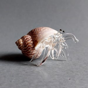 Handmade Little Glass Hermit Crab Décor Gift Collectible Figurine Blown Glass Miniature Animal Sea shell Beach Animal Clear Brown