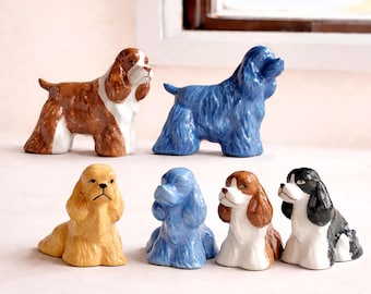 Handmade Miniature Ceramic English Cocker Spaniel Dog Figurines Set for Home Decor and Collectors