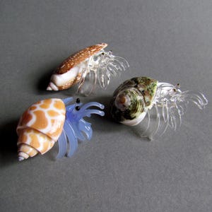 3 pcs Handmade Little Glass Hermit Crab Décor Ornament Gift Collectible Figurine Blown Glass Miniature Animal Sea shell Beach Animal
