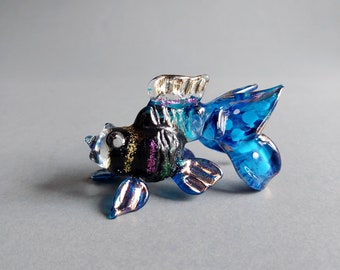 Goldfish Hand Blown Glass Figurine Hand painted Unique Blue Black Art Animals Collectible Fish Gift Home Décor