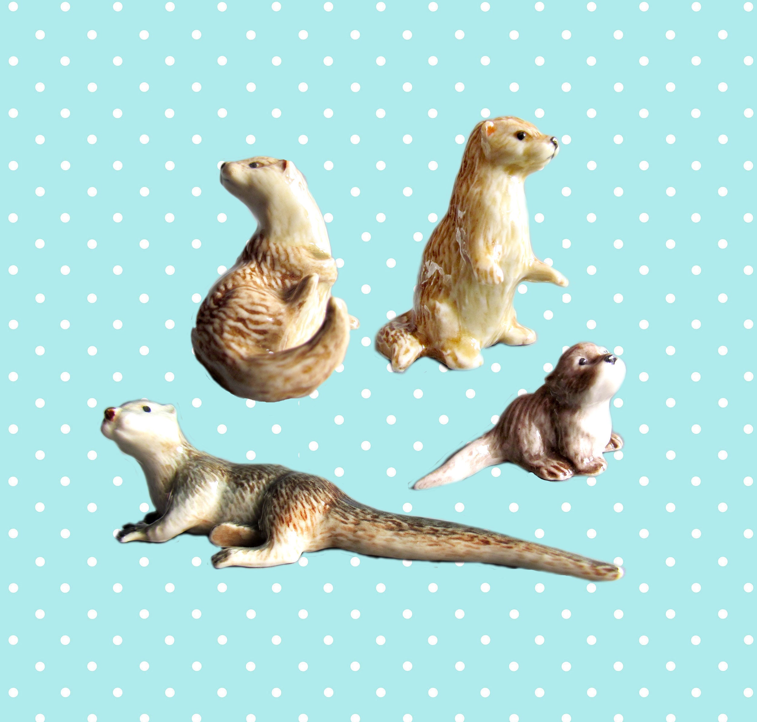 Ceramic Little Otters Animal Figurine Collections Handmade Craft Decor gift 