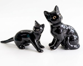 Hand-Glazed Miniature Black Cat Ceramic Figurines - Charming Kitty Decor for Home or Gift
