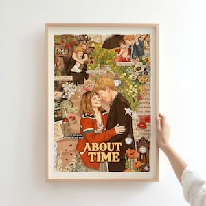 May include: A framed art print with a romantic theme. The artwork features a collage of images, including couples, flowers, and clocks. The words "About Time" are prominently displayed, with other text fragments like "love you" scattered throughout.