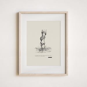 May include: Framed art print featuring a black and white illustration of two hands reaching out of water. The hands are grasping each other. The print has a light beige background and a wooden frame. Text at the bottom reads: "We reach out from high and from deep to be drawn out of deep waters."