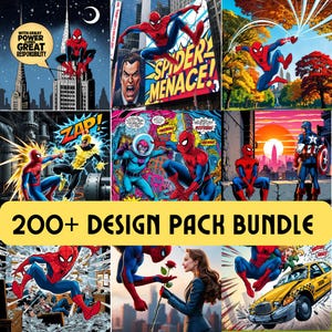 Ponad 200 pakietów projektów PNG w stylu komiksowym, w tym inspirowane Spidermanem superbohaterowie Marvela, złoczyńcy, jaskrawe kolory, esencja pop-artu