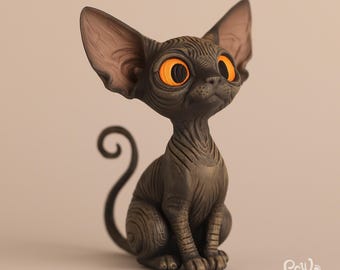 Sphynx kattfigur, mörk fantasi kattskulptur, handgjord svart kattdekor