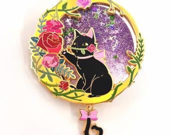 Rose Black Cat Shaker Enamel Pin - Liquid Glitter "Lucky Kitties" Collection