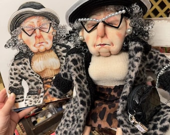 Leopard Auntie OOAK Handmade Fabric Art Doll, Poseable Collectible Artist Doll