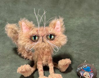 OOAK Handmade Mohair Cat Art Doll: Poseable Collectible Plush