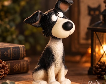 Rolig svartvit hundfigur, nyckfull hundstaty, handgjord djurskulptur i harts, unik present till hundälskare, fantasifull husdjursdekoration