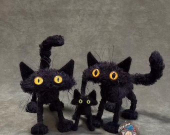 Handmade Mohair Black Cat Plush: Poseable Art Doll with Resin Eyes