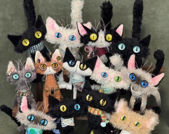 Handmade Mohair Cat Plush: Poseable Art Doll with Resin Eyes