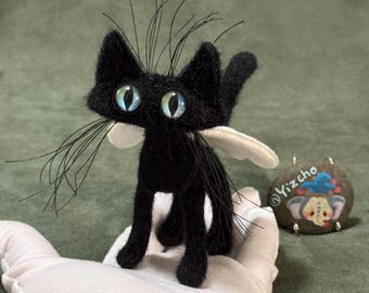 OOAK Winged Cat Art Doll – Handmade Poseable Plush by Yizcho, Faux Mohair & Resin Eyes