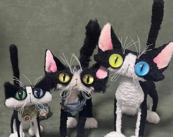 OOAK Handmade Black & White Cat Art Doll: Poseable Faux Mohair Plush