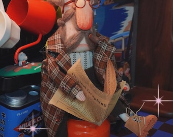 Newspaper Grandpa OOAK Handmade Fabric Art Doll, Poseable Collectible Artist Doll