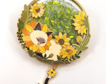 Sunflower Siamese Cat  Shaker Enamel Pin - Liquid Glitter "Lucky Kitties" Collection