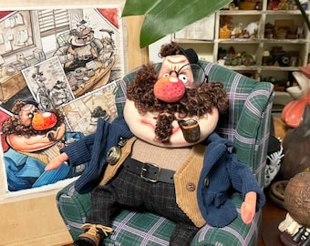Detective Uncle OOAK Handmade Fabric Art Doll, Limited Poseable Collectible Artist Doll