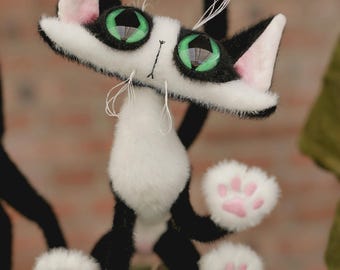 Odd-Eyed Tuxedo Cat Art Doll, OOAK Poseable Faux Mohair Plush by Yizcho